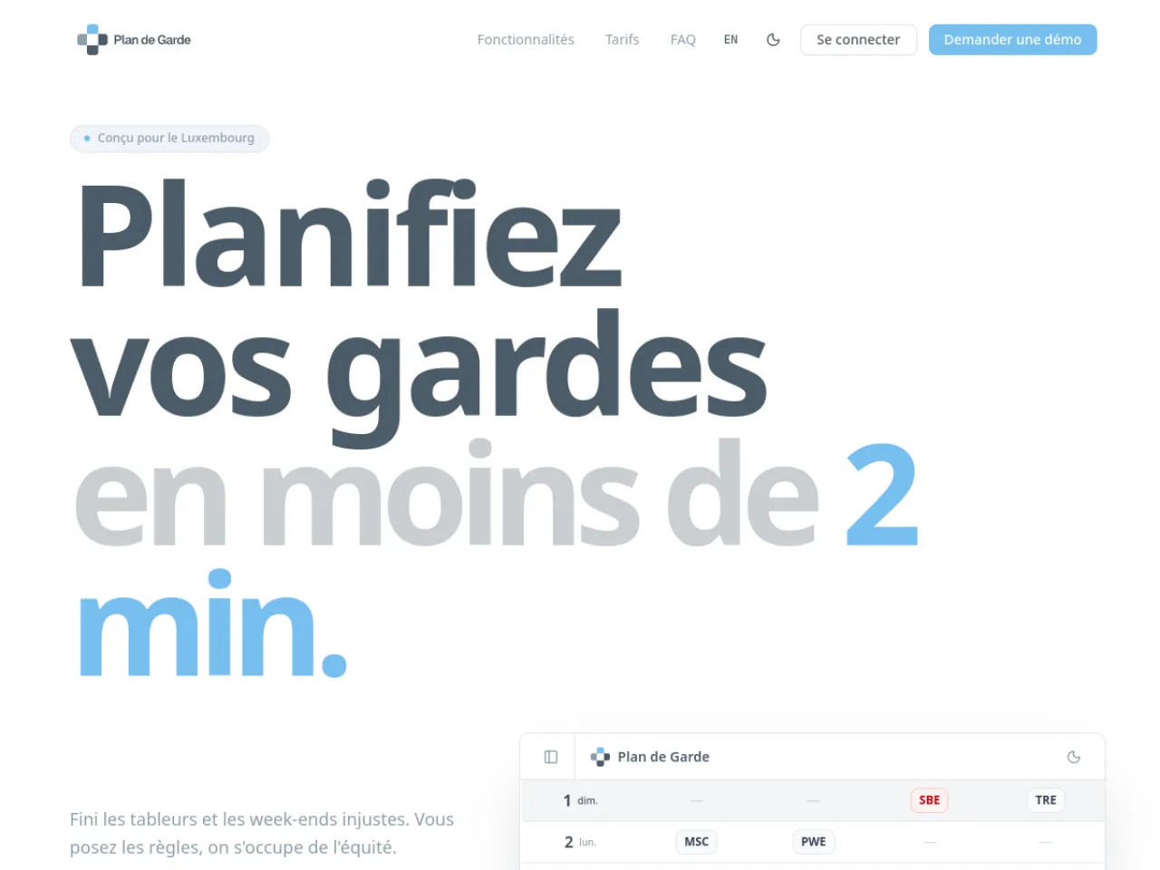 Aperçu de l'application Plan de Garde